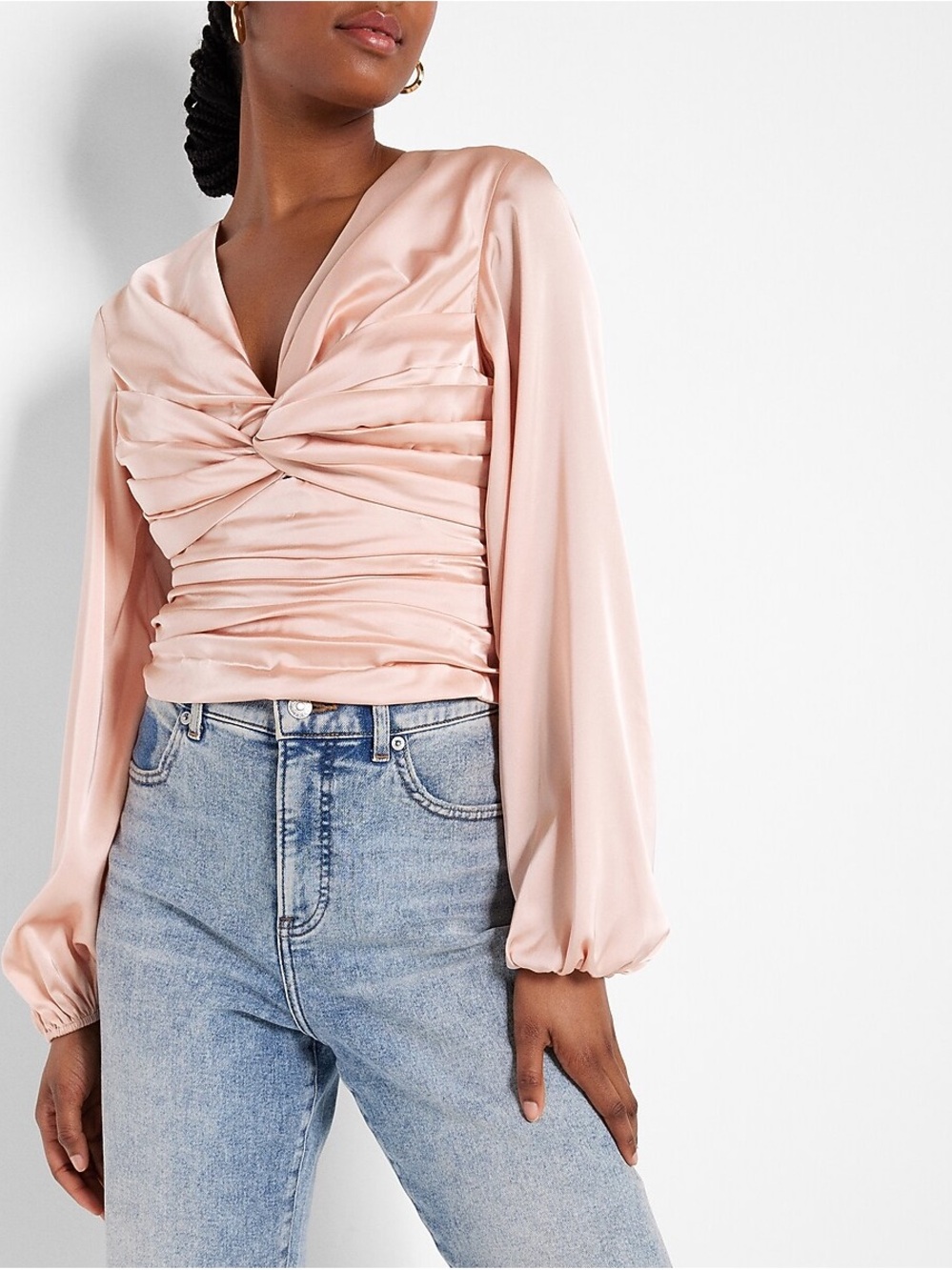 Blush Pink Satin Twist-Front Long-Sleeve Top